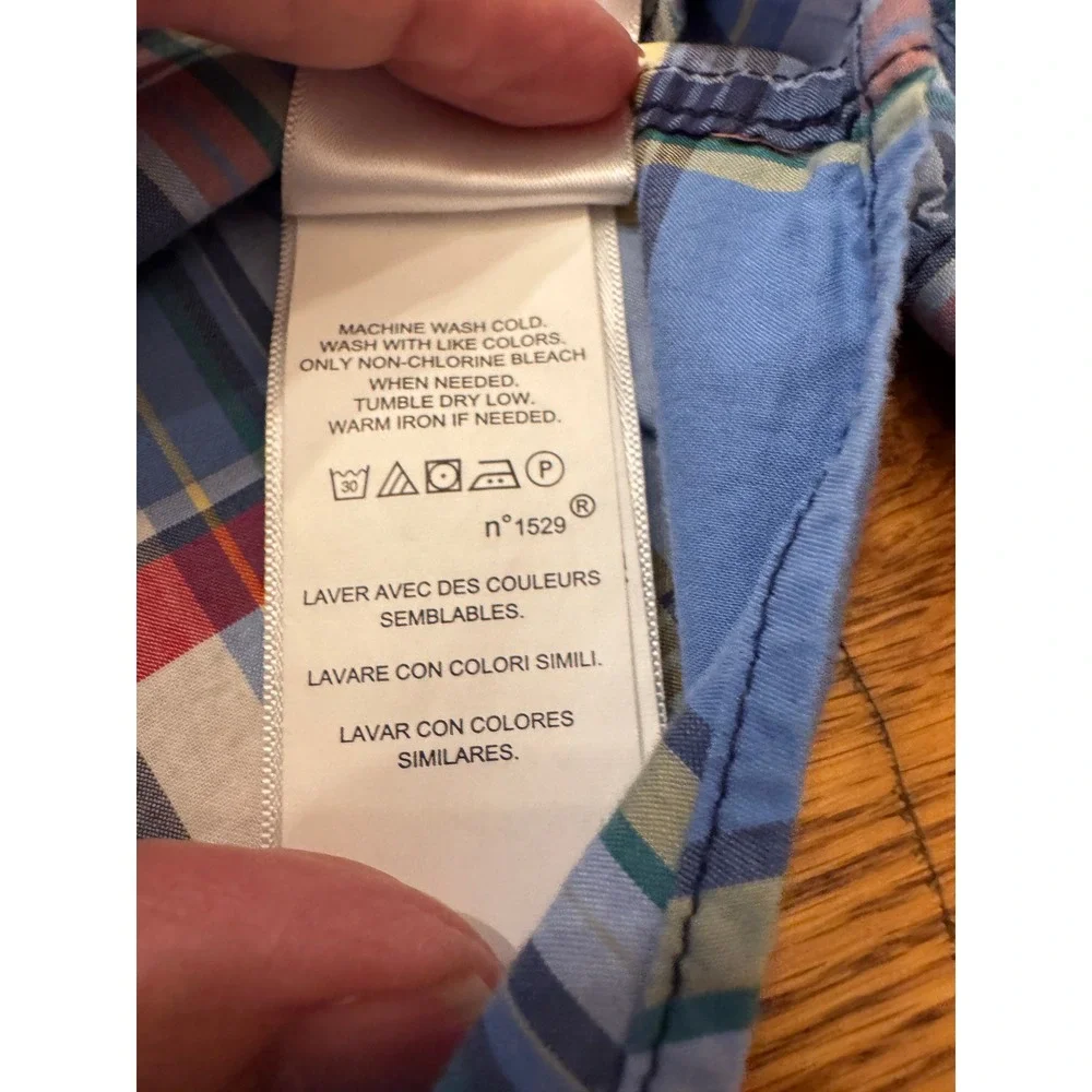 Ralph Lauren Button Down Shirt Kids L 14-16 Blue Plaid Natural Stretch Preppy